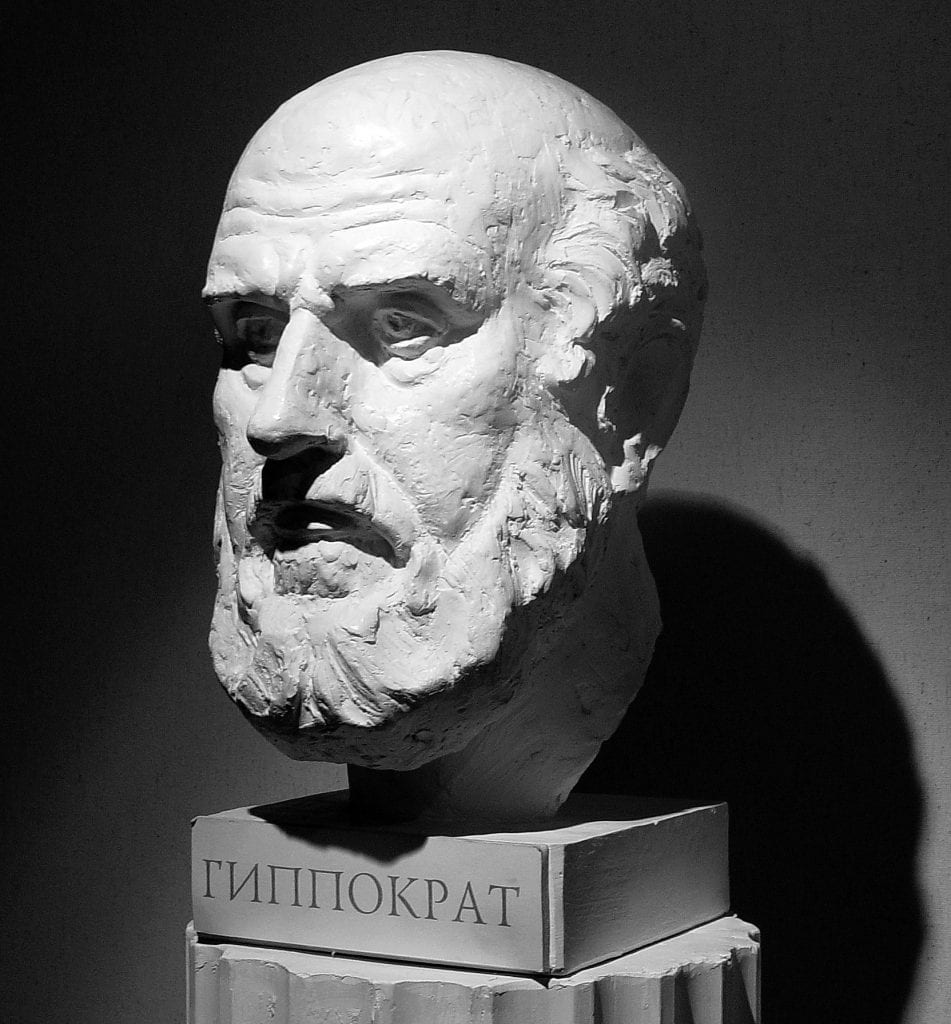 A bust of Hippocrates, the 'Father of Medicine.' He plays a role in the history of fish liver oil.